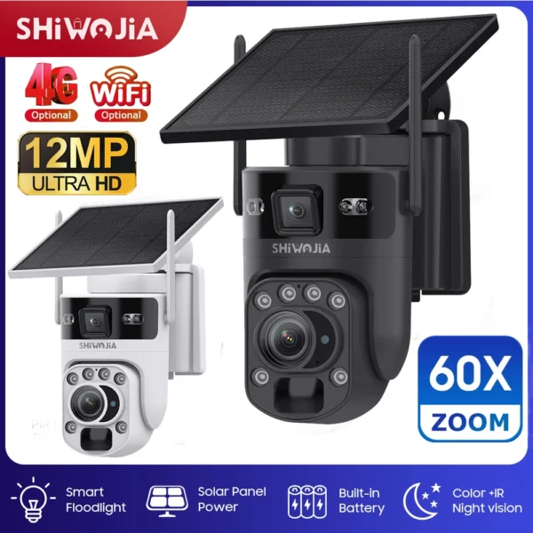 SHIWOJIA 12MP 4G Solar PTZ Security Camera with 60X Zoom